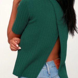 Forest Green Ribbed Knit Split Back Sweater Top